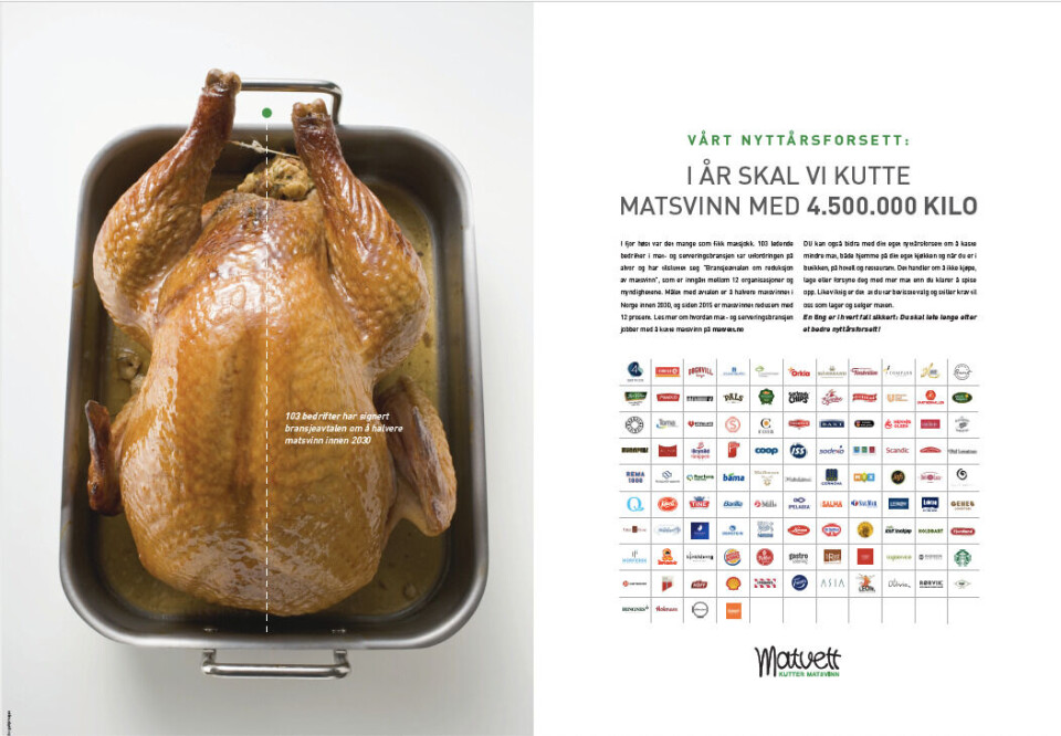 Denne annonsen sto på trykk i Dagbladet for et år siden. Bransjen greide å redusere matsvinnet med dobbelt så mye som lovet, og har nå satt seg nye mål.