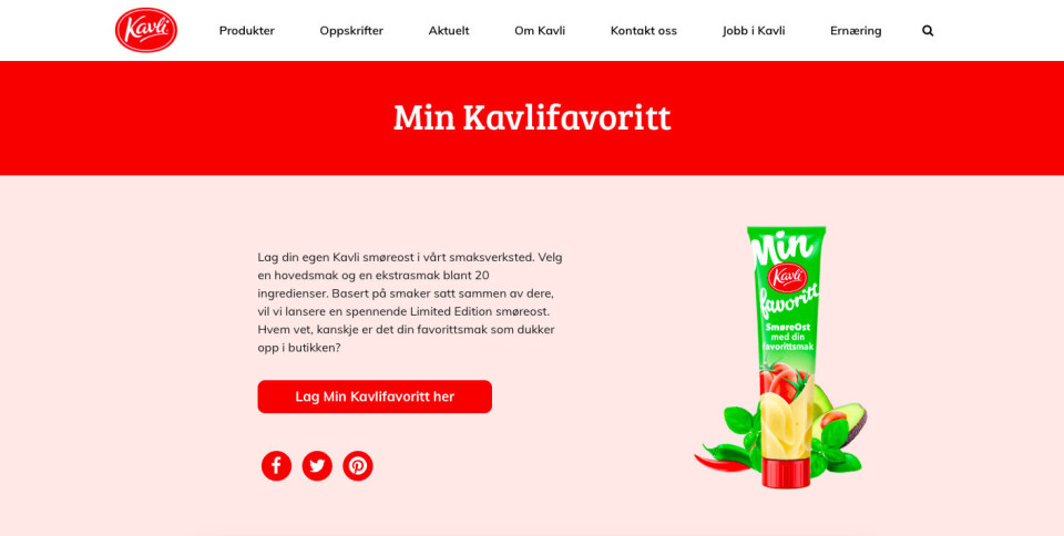 Med Kavlis kampanje «Min Kavlifavoritt» kan du lage din egen Kavli smøreost. Foto: Skjermdump