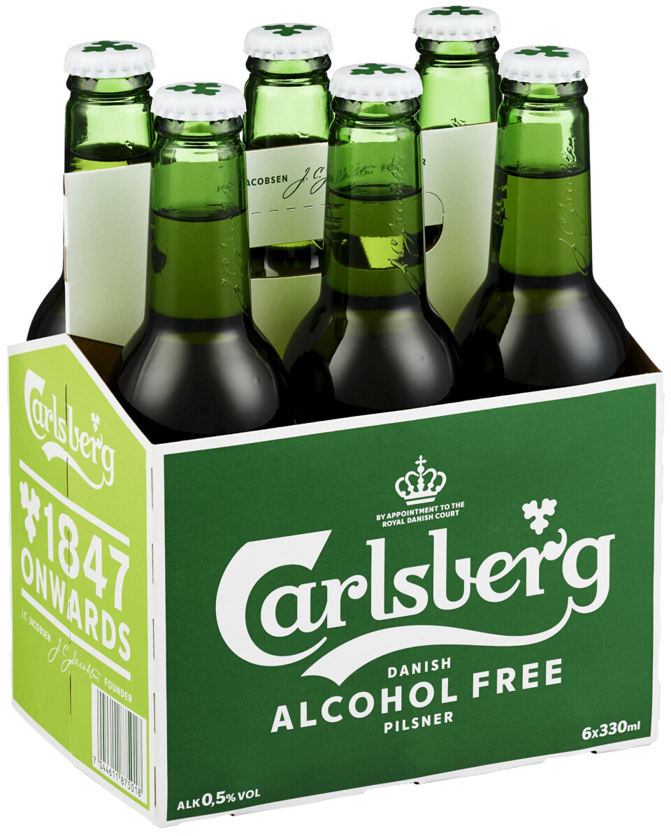 Slik skal en sixpack Carlsberg Alcohol Free se ut. Godt merket og med hvit kork.