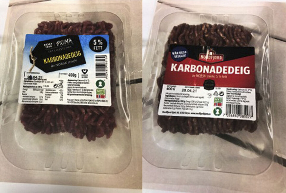 Nordfjord karbonadedeig 400 gram og Prima karbonadedeig 400 gram – begge med siste forbruksdato 26. april 2021 – trekkes tilbake. Foto: Nordfjord Kjøtt, NTB