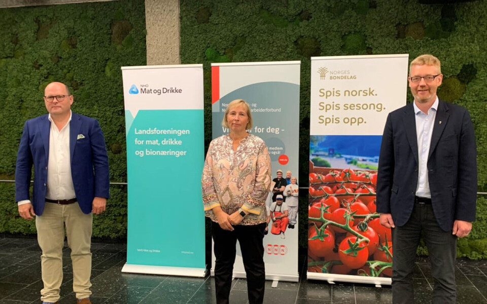 Petter Haas Brubakk i NHO Mat og Drikke (til venstre), Anne Berit Aker Hansen i NNN og Bjørn Gimming, leder i Norges Bondelag står bak kravene til den neste regjeringen.
