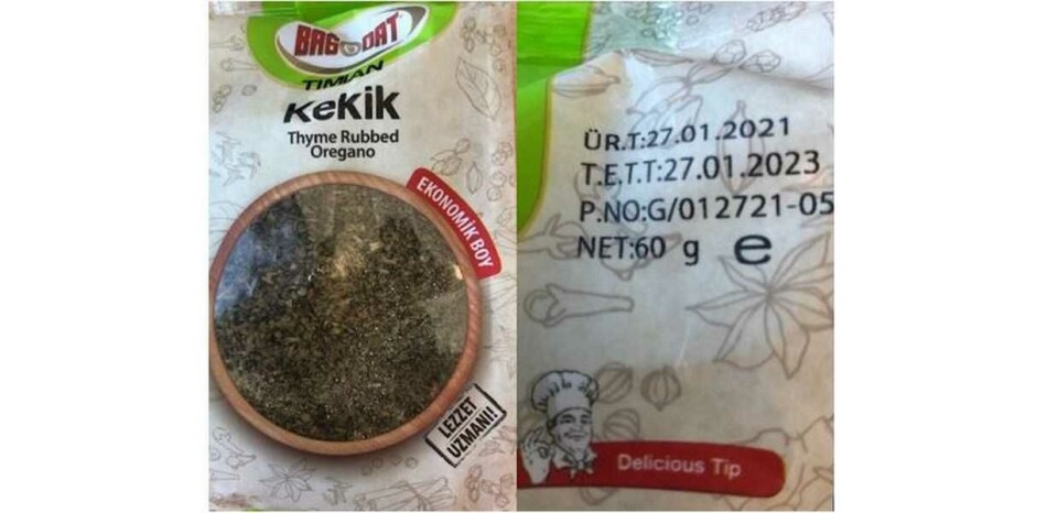 Vatan Engros trekker tilbake produktet Bagdat Timian Kekik fra Tyrkia. Årsaken er innhold av plantegifter (pyrrolizidin alkaloider) over gjeldende grenseverdi. Mattilsynet tok ut prøven i forbindelse med et overvåkingsprogram for plantegifter. Foto: Yami trading AS / NTB