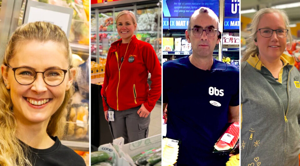 Dette er årets finalister til «Beste 5 om dagen-ambassadør». F.v: Kine Stenhaug fra Bunnpris Gourmet Tyholt, Jeanette Larsen fra Extra Ringebu, Fehmi Bllata fra Coop Obs Tromsø og Irene Birgitte Olsen fra Coop Prix Hell.