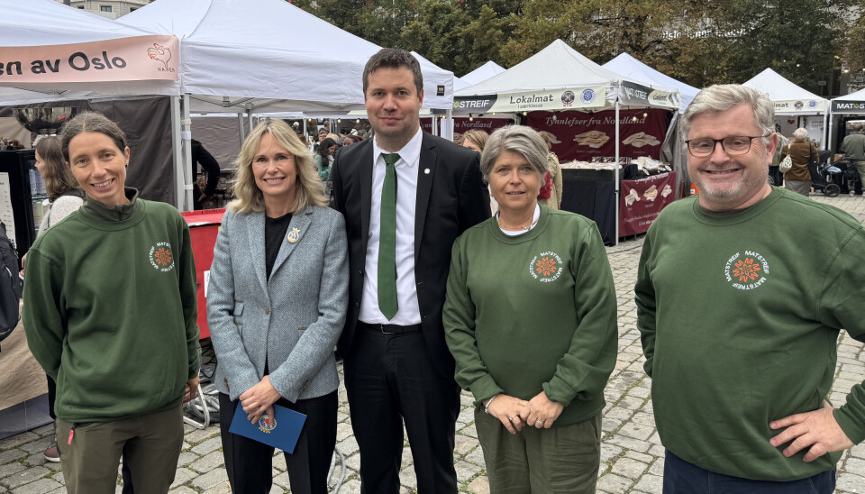 Fv. Randi Ledaal Gjertsen, daglig leder i Bondens marked Norge. Anne Lindbo, ordfører i Oslo, landbruks- og matminister Geir Pollestad, Nina Sundqvist, direktør i Stiftelsen Norsk Mat og daglig leder i Hanen, Bernt Bucher Johannessen.