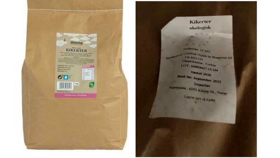Norganic AS trekker tilbake spesifikke partier «Manna Økologisk kikerter» (5 kg sekk) og «Kikerter Økologisk» (25 kg sekk). Årsaken er funn av levende insekter i deler av partiene. Foto: Norganic AS, NTB