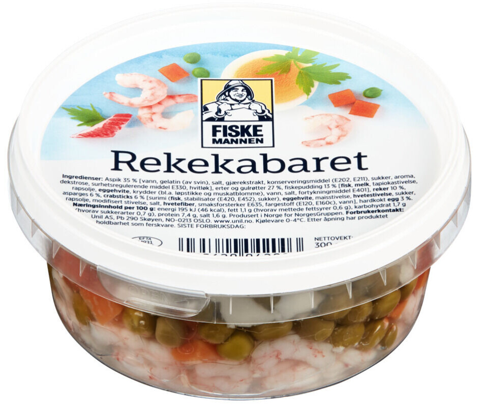 Unil kaller tilbake Fiskemannen Rekekabaret 300 gram med holdbarhetsdato 28.04.2024.