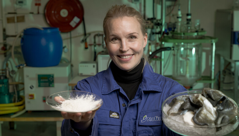 Forsker Kjersi Lian viser frem pulver hun har laget av fiskerester.