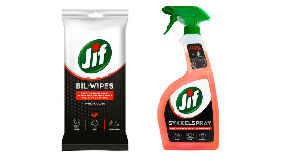Jif Sykkelspray rengjøring sykler, sparkesykler og el-sykler, og Jif Bil Wipes rengjør bil-interiør. Jif Sykkelspray rengjøring sykler, sparkesykler og el-sykler, og Jif Bil Wipes rengjør bil-interiør.