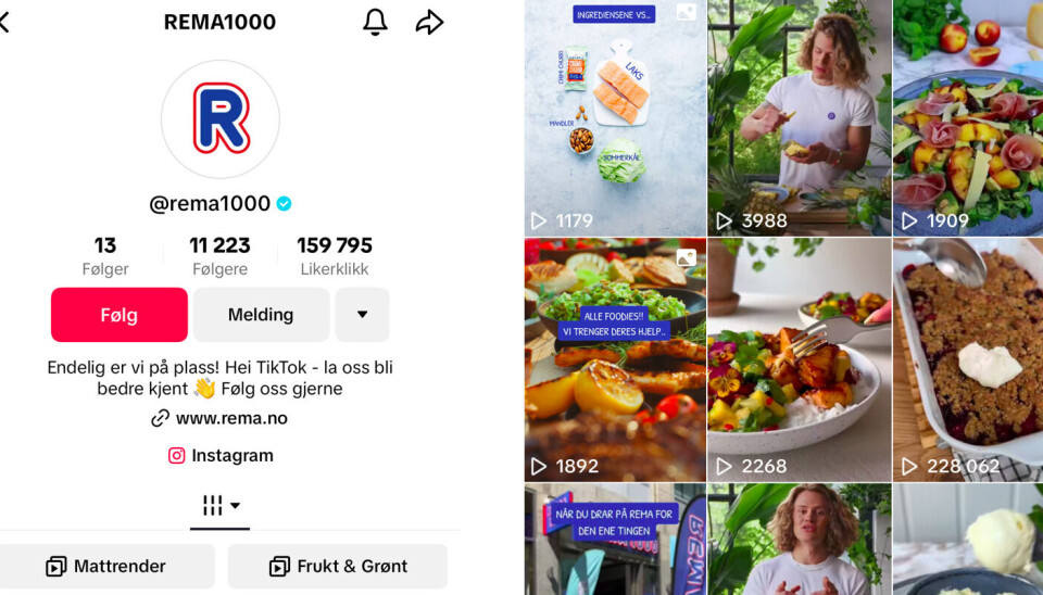 Etter to måneder på TikTok har Rema 1000 publisert 33 videoer og fått nesten 160.000 likerklikk på innholdet sitt. Etter to måneder på TikTok har Rema 1000 publisert 33 videoer og fått nesten 160.000 likerklikk på innholdet sitt.