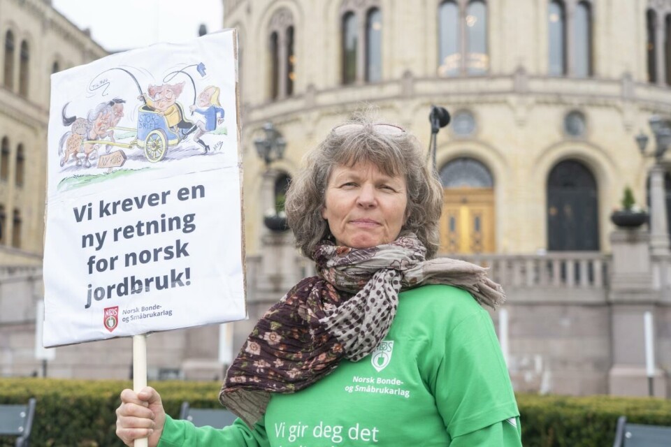 Leder i Norsk Bonde- og Småbrukarlag Kjersti Hoff utenfor Stortinget under en markering fra Bondeorganisasjonene i forbindelse med årets jordbruksoppgjør. Foto: Terje Pedersen, NTB.