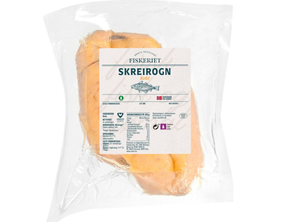 Rema 1000 tilbakekaller Skreirogn 400 g Fiskeriet. Foto: Mattilsynet, NTB