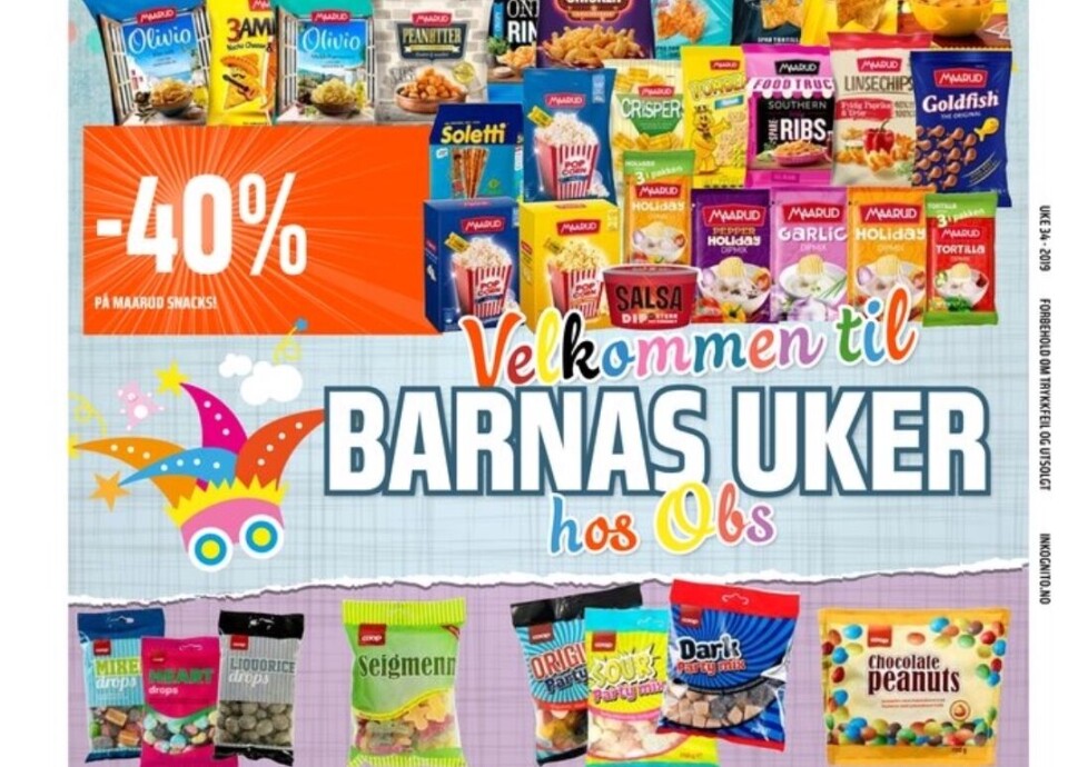 Obs hadde reklame for snacks og informasjon om «Barnas Uker» på samme side i kundeavisen. Det felte dem i Matbransjens Faglige Utvalg.