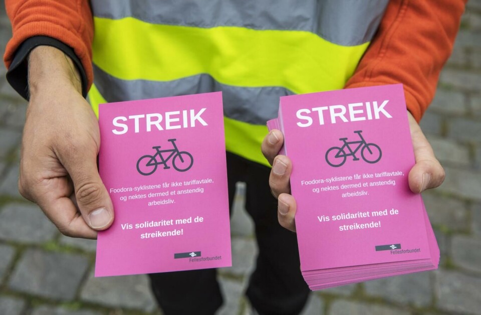 Syklister i matleveringstjenesten Foodora streiker etter at selskapet og Fellesforbundet ikke klarte å bli enige om en tariffavtale. Foto: Ole Berg-Rusten, NTB scanpix